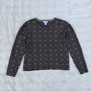 Halston Womens V-Neck Sweater Taupe Black Geometric Diamond Knit Top Small